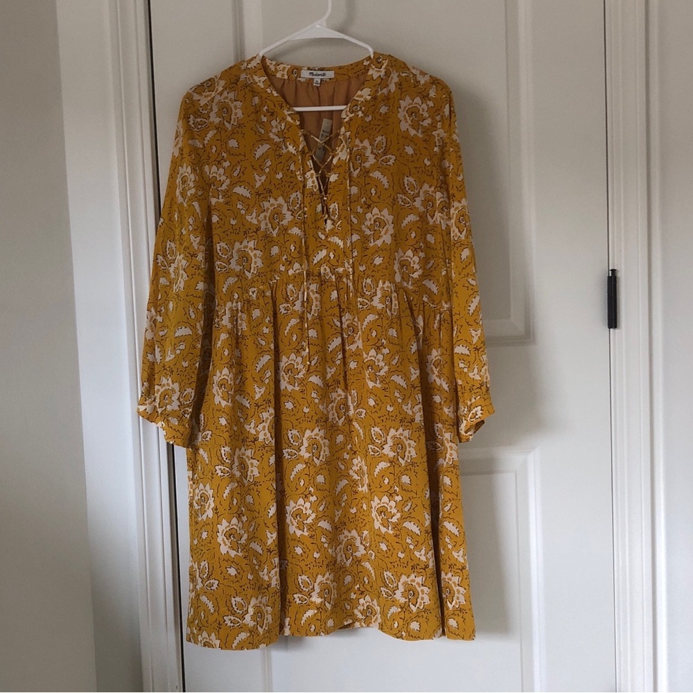 NEW Madewell Mustard Floral Lace-Up Silk Dress